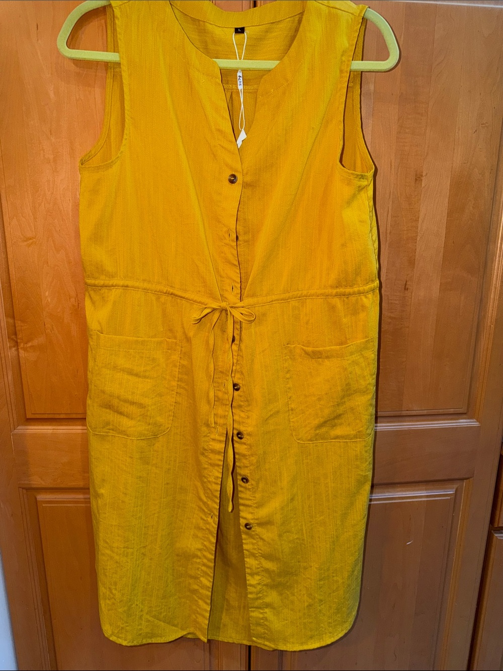 Sleeveless Button-Front Yellow Drawstring Waist Dress Large